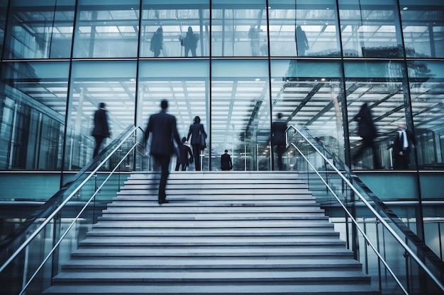 Mouvement dynamique des hommes d'affaires flous montant et descendant des escaliers à l'extérieur du bureau IA générative