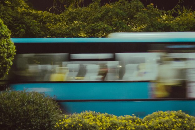 Photo mouvement flou d'un bus au milieu des plantes