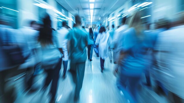 Mouvement flou de divers médecins et membres du personnel médical dans l'espace de copie du couloir de l'hôpital occupé