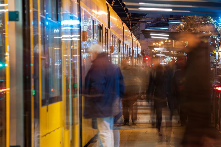 Photo mouvement flou des gens qui marchent sur une station de métro éclairée