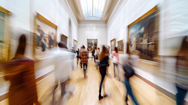 Photo mouvement flou des gens visitant une galerie d'art ils marchent le long du couloir parmi la douleur ia générative