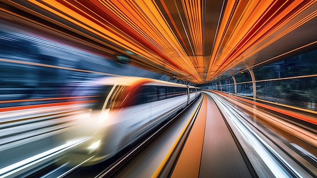 Mouvement flou orange d'un train automatique se déplaçant dans un tunnel IA générative