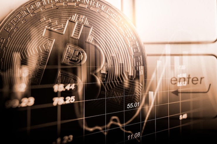 Photo moyen d'échange moderne bitcoin est un paiement pratique dans l'économie mondiale marketbackgroundxa