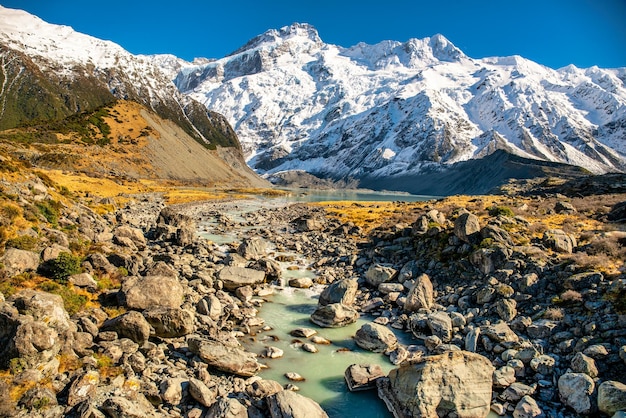 Mt Cook au loin dans la vallée de Hooker à pied