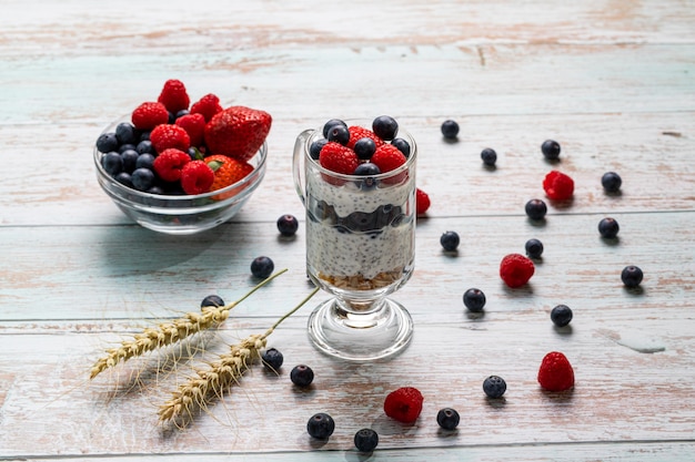 Muesli aux fruits rouges et graines de chia sur une table en bois