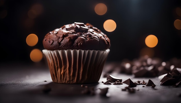 Muffin au chocolat avec fond bokeh