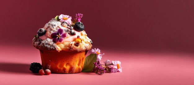 Muffin aux bleuets à la crème décoré de fleurs printanières sur fond clair Illustration IA générative horizontale avec espace pour votre texte