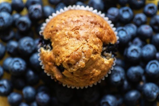 Muffin aux myrtilles sur une vue de dessus de myrtilles