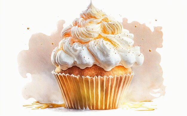 Un muffin dessiné avec un cupcake à la crème fouettée sur fond blanc pâtisserie aquarelle ai généré