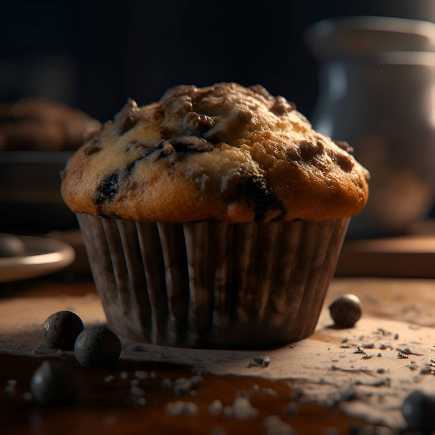 Muffin avec du chocolat et des bleuets sur un fond sombre