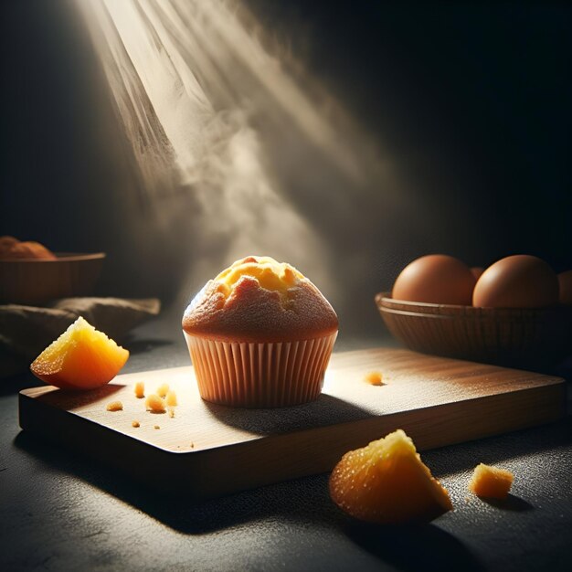 un muffin réaliste dans une cuisine sombre.