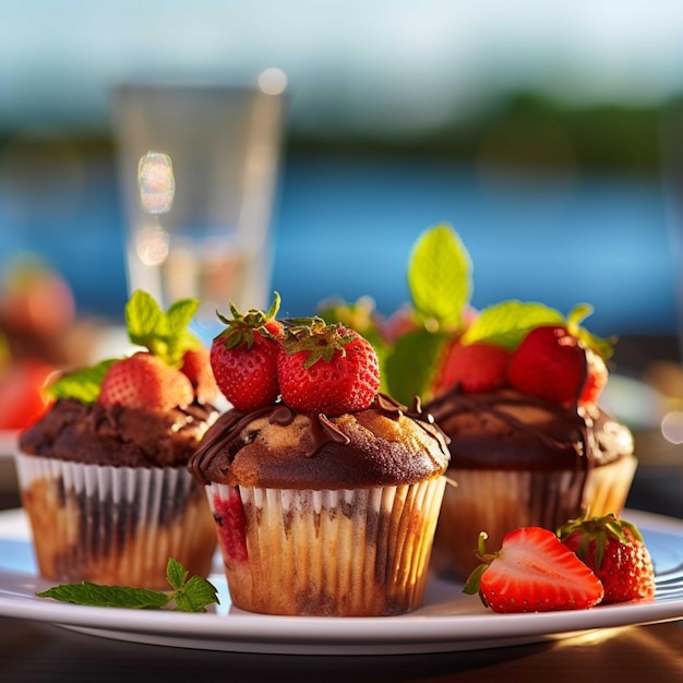 Muffins au chocolat sur une assiette sur fond de bois Mise au point sélective