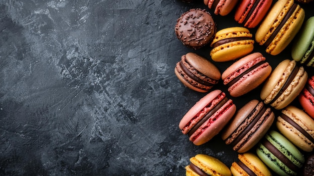 Photo des muffins au chocolat et des biscuits macaroons colorés sur fond de bois. concept de la fête de la saint-valentin et espace vide.