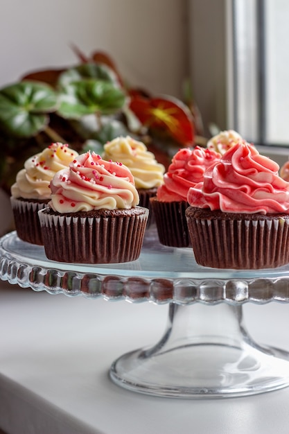 Photo muffins au chocolat avec un chapeau de crème rose et blanche