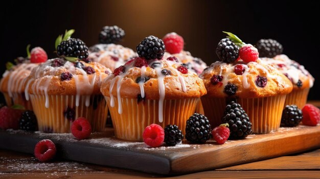 Des muffins au chocolat sur la table avec un fond flou