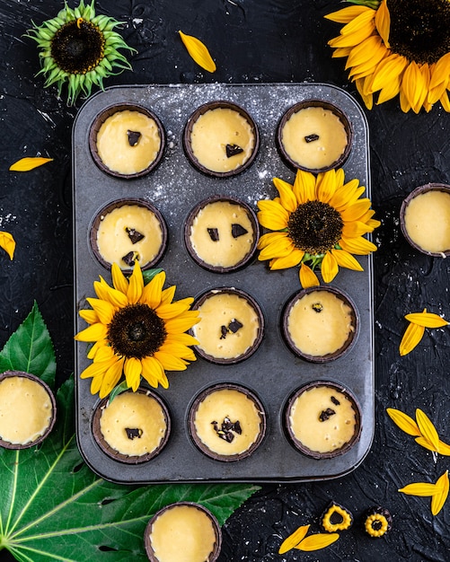 Muffins au chocolat et tournesols