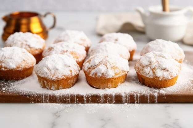 Muffins au sucre en poudre sur une planche de marbre