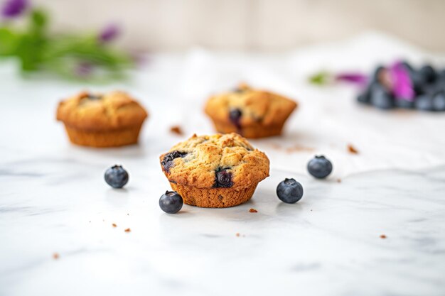 Muffins aux bleuets sur un comptoir en marbre