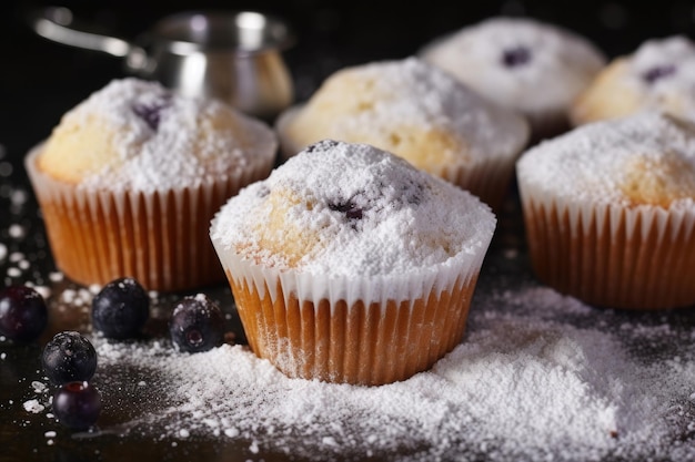 Muffins aux bleuets avec du sucre en poudre