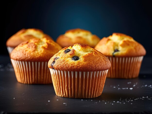 Photo muffins aux bleuets sur fond sombre ia générative