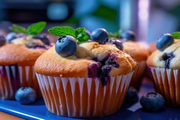 Muffins aux bleuets sur une plaque bleue