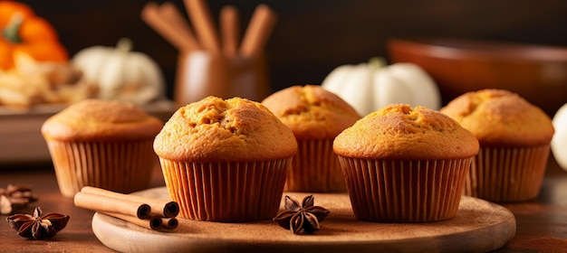 Des muffins aux épices de citrouille dessert sur le comptoir de la cuisine avec un fond flou parfait pour la cuisson d'automne
