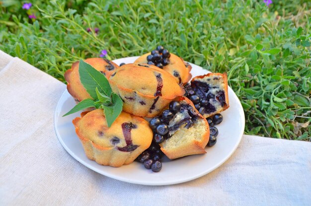 Muffins aux myrtilles et un brin de menthe