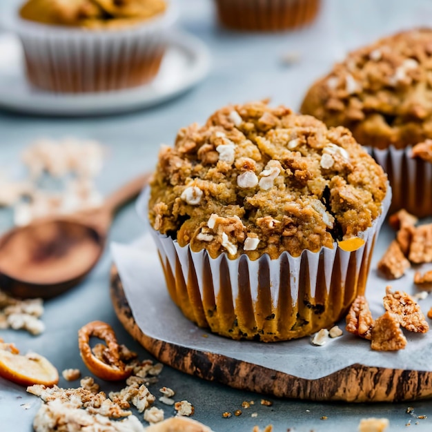 Muffins à la citrouille avec crumble d'avoine et de cassonade sur une surface en bois rustique avec espace de copie