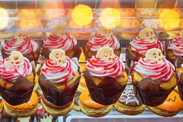 Muffins Et Cupcakes Fraîchement Sortis Du Four Décorés De Crânes Et De Fantômes Pour Halloween. Gâteries Sucrées Pour Les Fêtes D'halloween Pour Les Enfants