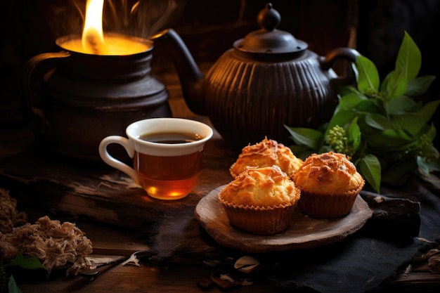 Des muffins fraîchement cuits avec une tasse de thé.