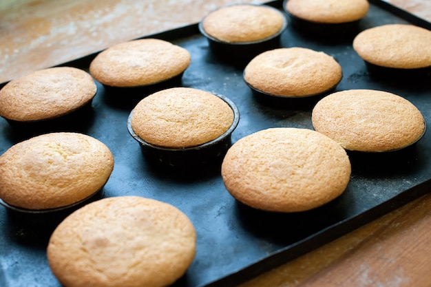 Muffins nature cuits au four refroidissant dans un plat allant au four