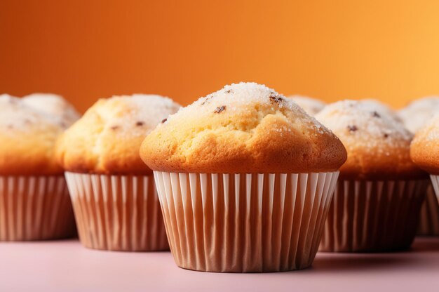 Muffins avec raisins secs et sucre sur fond orange avec espace de copie