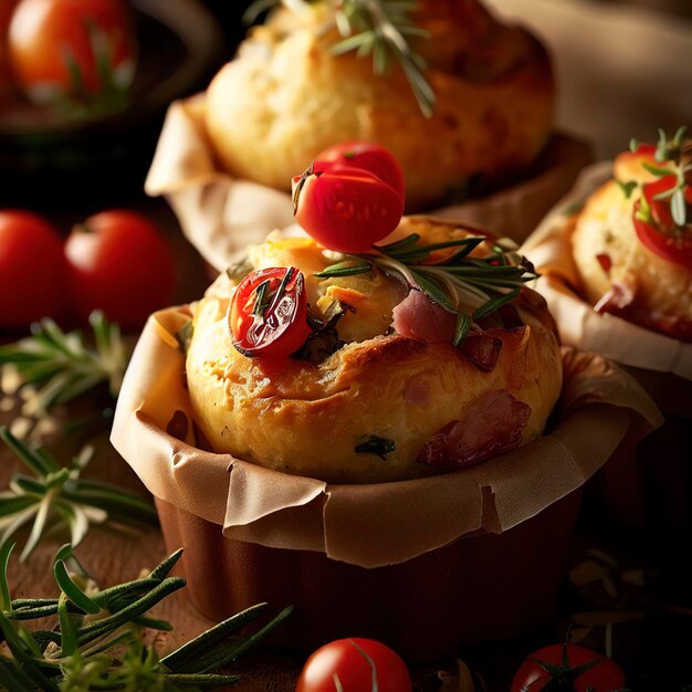 Des muffins savoureux avec des herbes, des tomates et du jambon.