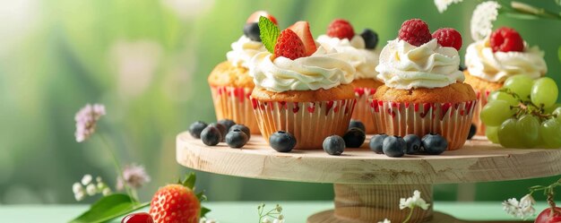 Des muffins sucrés et savoureux décorés de crème fouettée et de fruits sur un stand sur un fond vert foncé