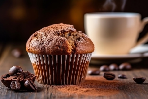 Muffins et une tasse de café sur une table en bois Generative AI