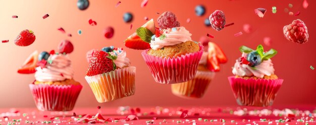 Des muffins volants décorés de fruits sur un fond rouge