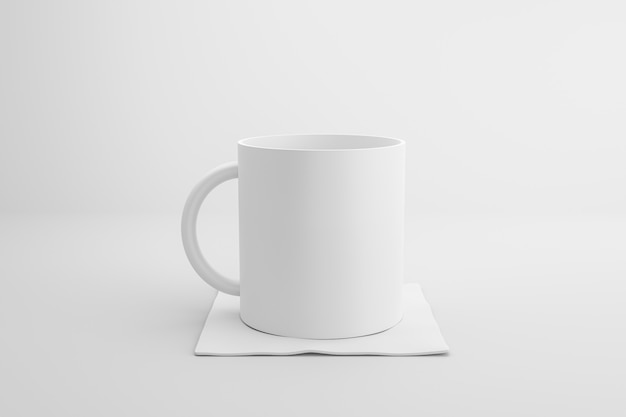 Mug blanc classique et sous-verres en tissu sur fond blanc avec un style de maquette de modèle vierge. Tasse vide ou tasse de boisson. Rendu 3D.