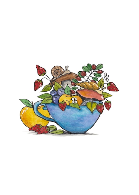 Mug avec un bouquet de baies d'automne et de champignons,