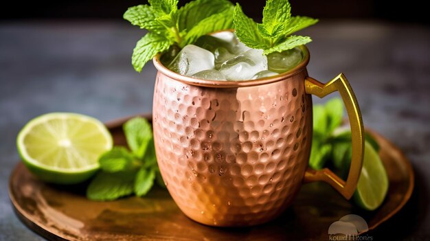 Mug en cuivre avec image générée par l'IA de lime à la menthe fraîche