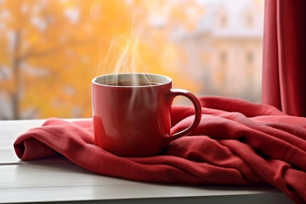 Mug rouge boisson écharpe fenêtre Cozy break Generate Ai