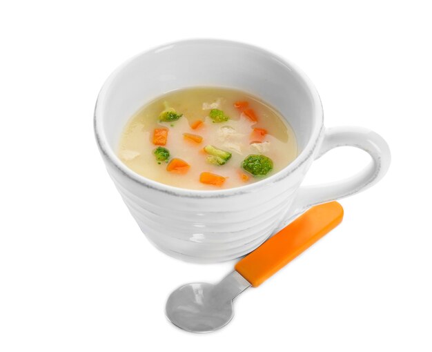 Mug avec soupe crémeuse pour bébé sur fond blanc