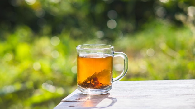 Mug transparent avec thé noir frais aux baies chaudes et cassis Une boisson vivifiante tôt le matin dans la nature avec les rayons du soleil chaud