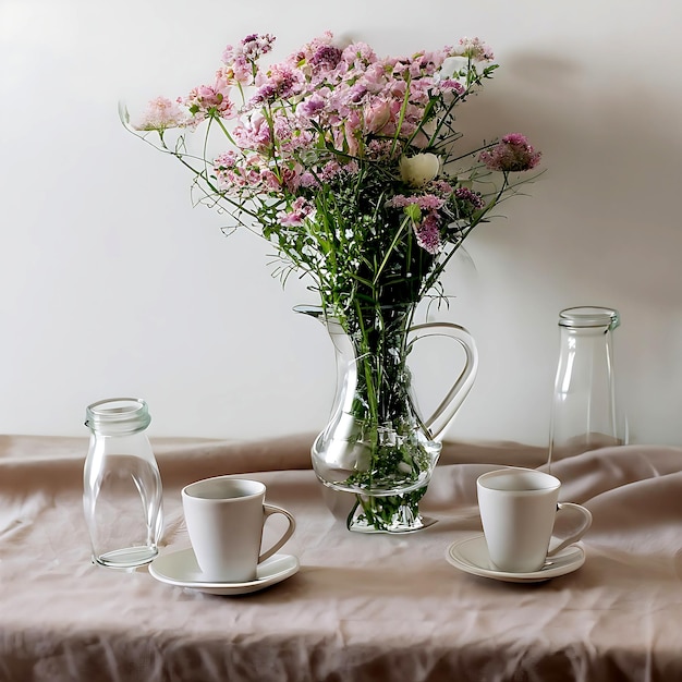 Mug En Verre Incolore Avec Bouquet De Fleurs Sur Table