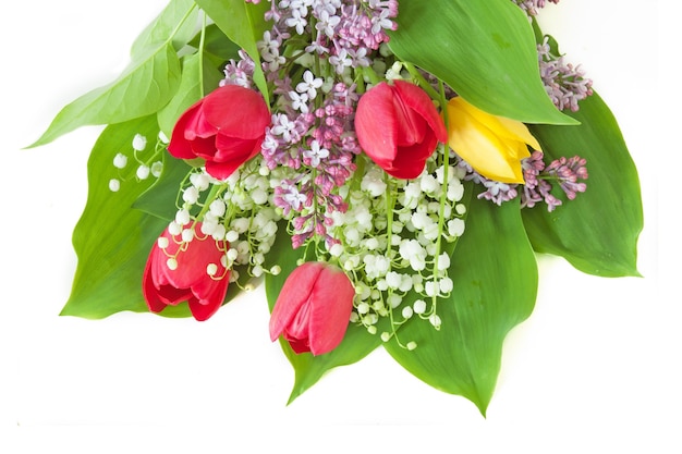 muguet, bouquet de fleurs de lilas et tulipes sur blanc,