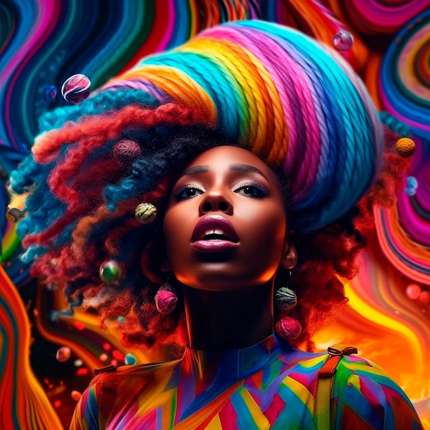 Mujer afroamericana peinado afro colores rastas tela colores arcoiris