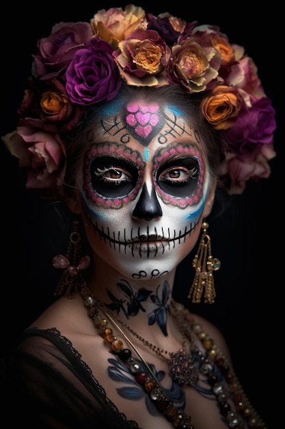 Mujer con maquillaje de calavera y flores en la cara Catrina