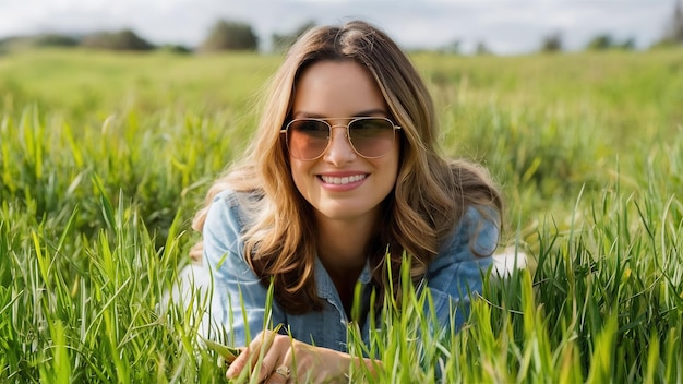 Photo mujer tumbada sobre la hierba avec des gafas de soleil