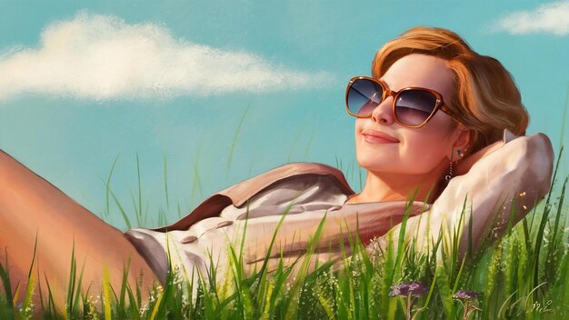 Photo mujer tumbada sobre la hierba avec des gafas de soleil