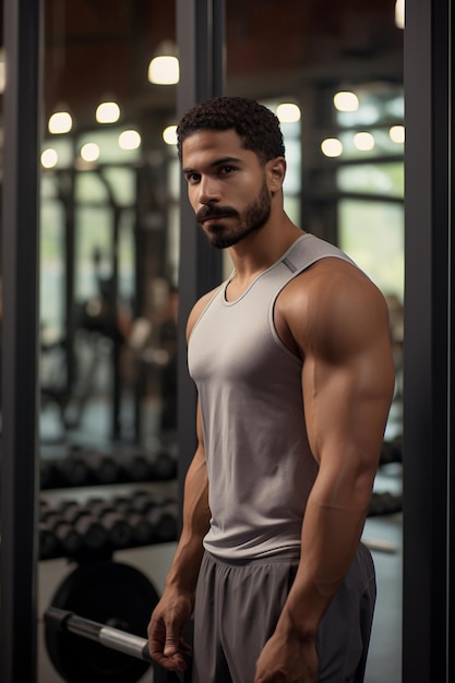 Un mulâtre jeune et confiant avec une forte carrure et une barbe regarde directement la caméra dans une salle de sport