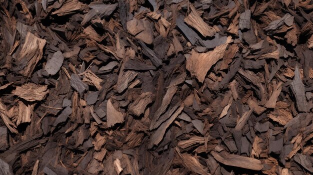 Mulch de bois à texture dense avec un fond fumé brun charbon de bois